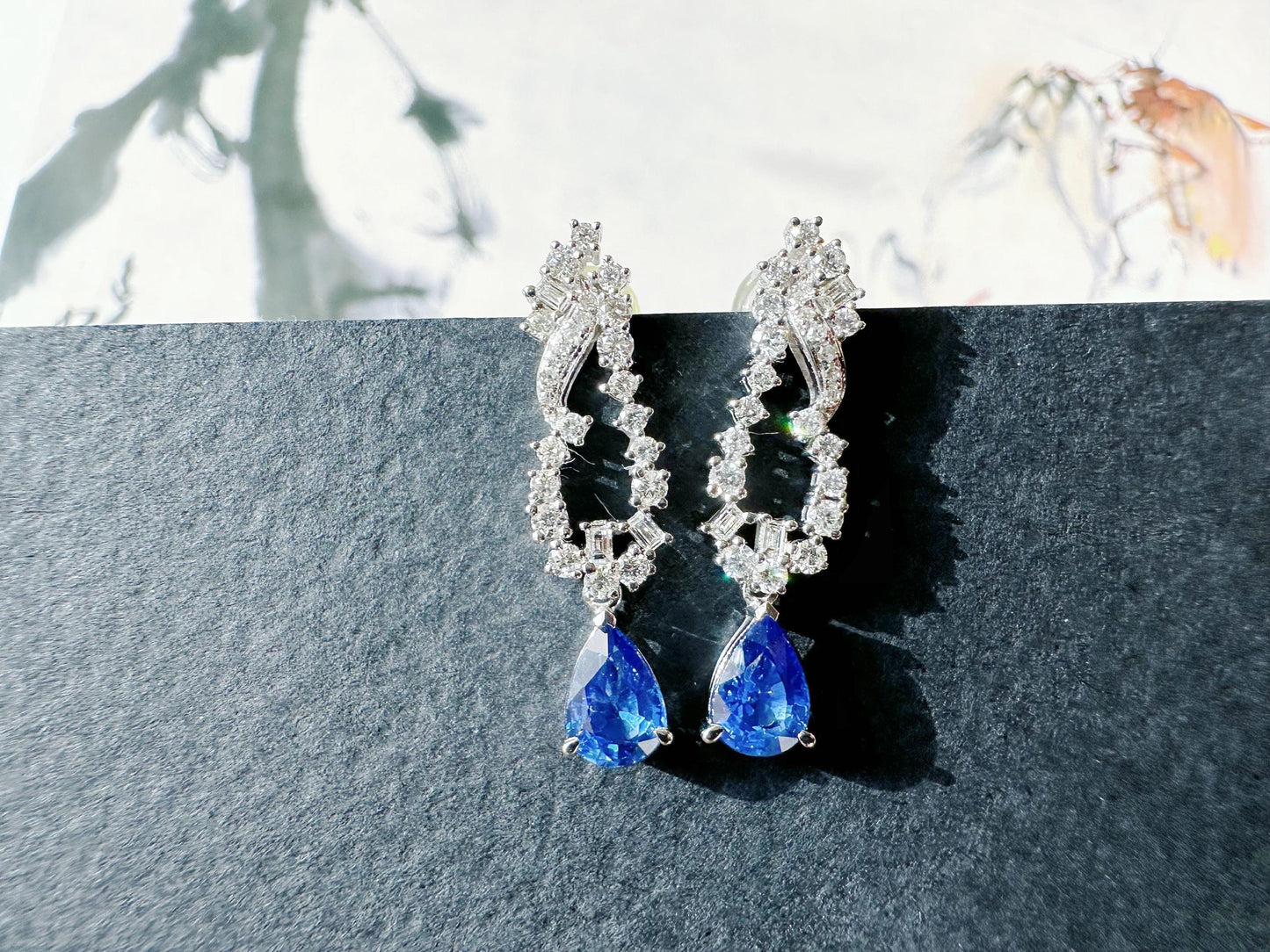 Natural Blue Sapphire in 18K White Gold and Diamond Drop Earrings