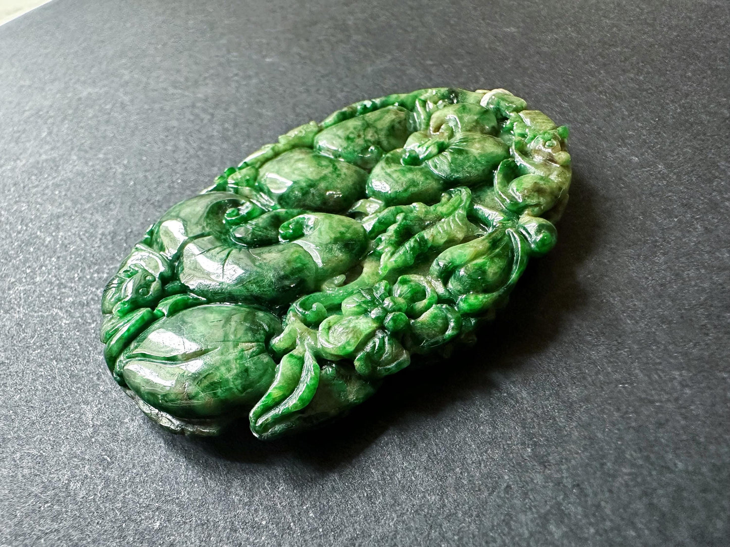 Handcrafted Giant Intense Green Jade Pendant | Artisan-Carved Ruyi, Peach and Lucky Symbols | Unique Jade Jewelry