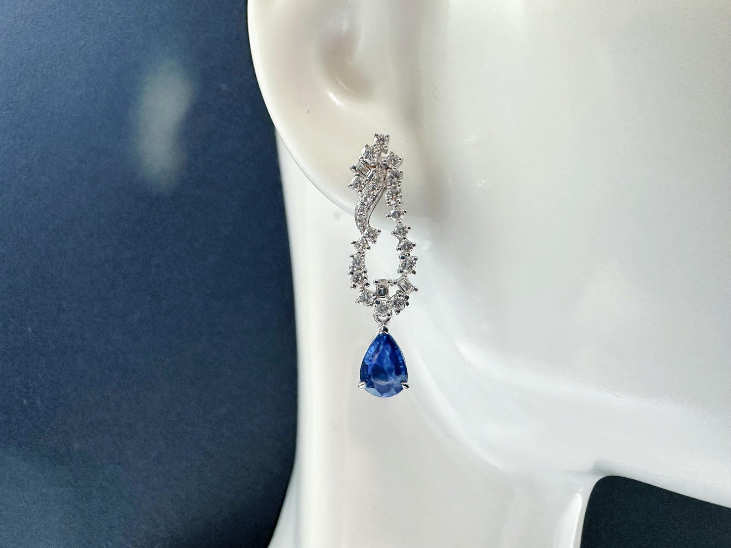 Natural Sri Lanka Vivid Blue Sapphire Set in 18k White Gold Drop Earrings, Diamond Ear Studs, September Birthstone