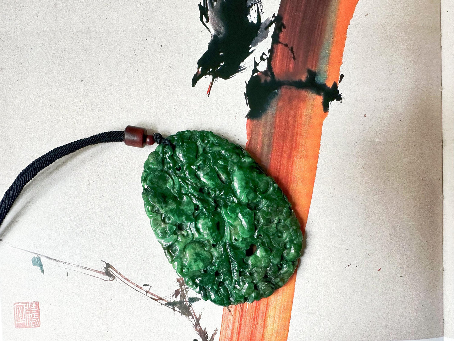Handcrafted Giant Intense Green Jade Pendant | Artisan-Carved Ruyi, Peach, Monkey, and Lucky Symbols | Unique Jade Jewelry