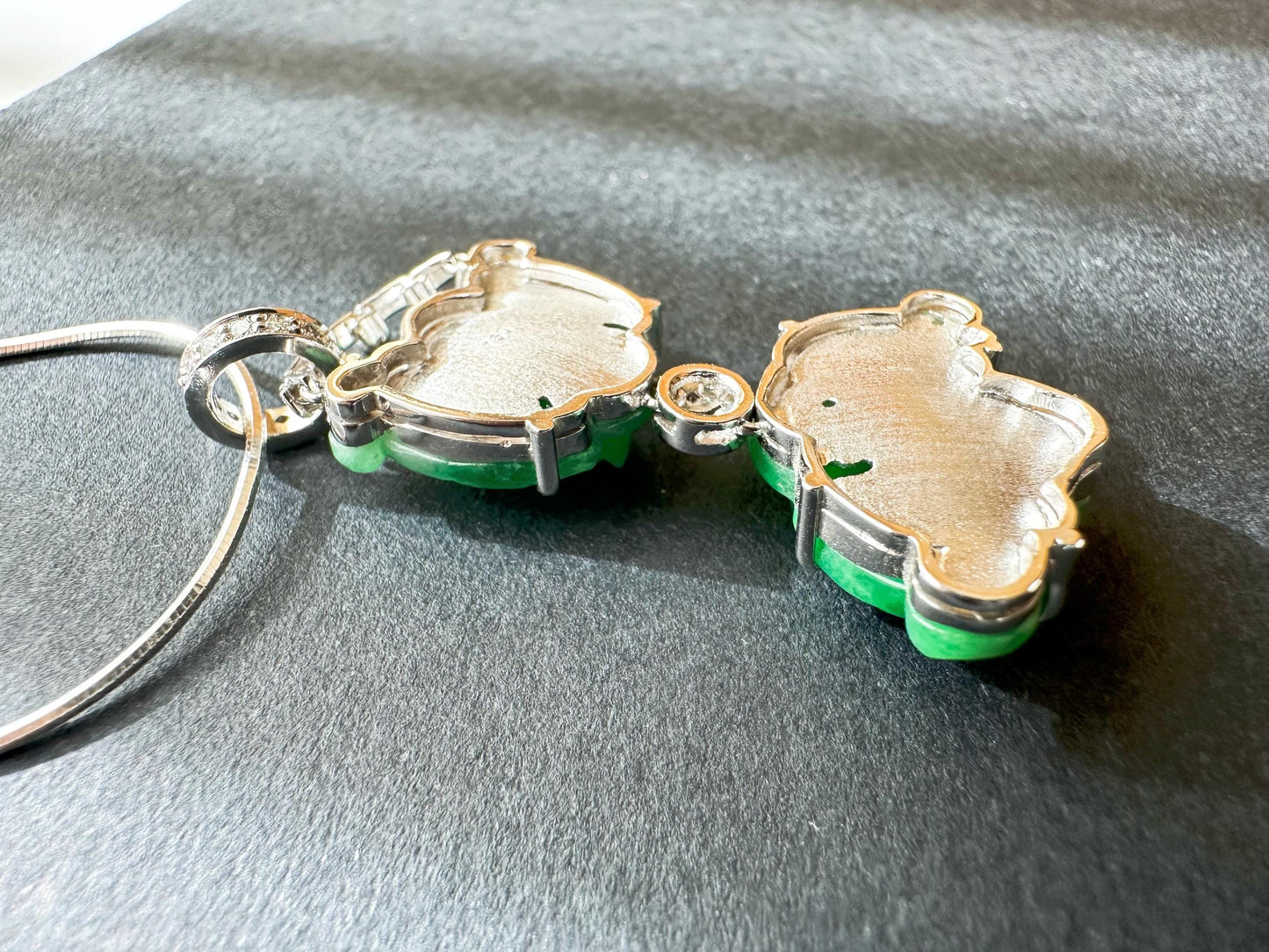 Natural Myanmar Twin Bats Vivid Green Jade Pendant in 18K White Gold with Diamonds