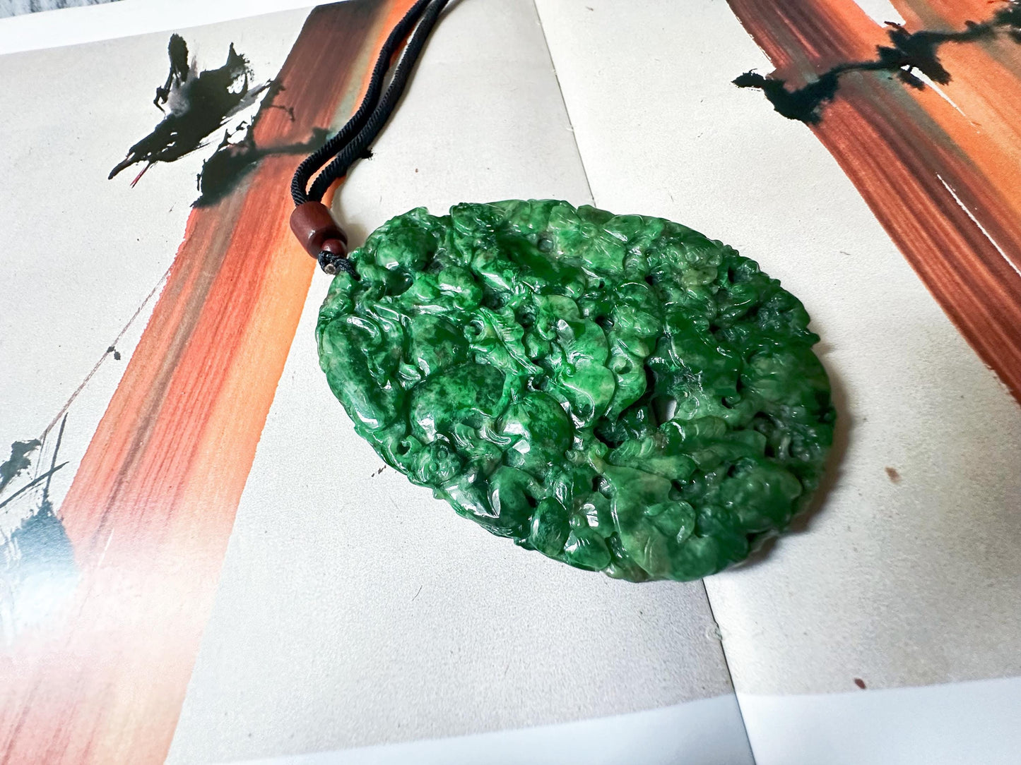 Handcrafted Giant Intense Green Jade Pendant | Artisan-Carved Ruyi, Peach, Monkey, and Lucky Symbols | Unique Jade Jewelry