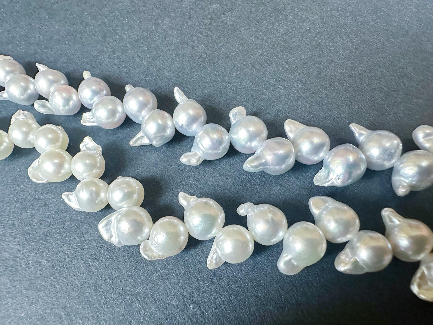 One-of-a-Kind Japan Akoya Pearl Long Necklace | White & Grey Pearls with Blue Tint | Adjustable Sterling Silver Clip | Wheat Ear Design
