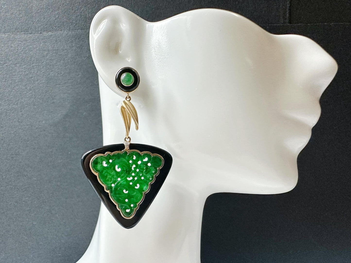 Natural Triangular Intense Green Jade Carved Earrings in Black Agate, 18K Gold & Diamond