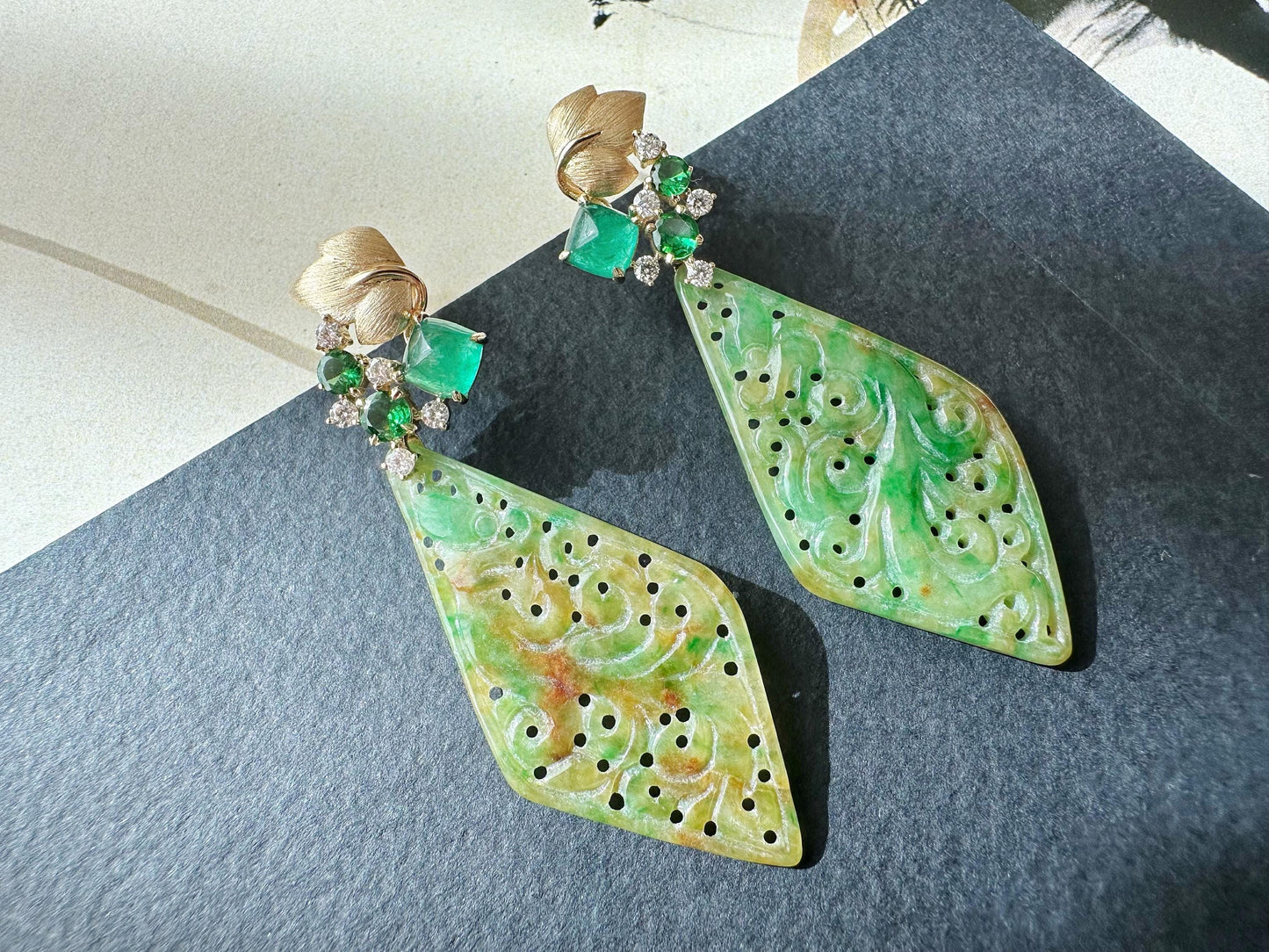 Natural Myanmar Handcrafted Vivid Bicolor Green and Yellow Jade 18K Gold Earrings, with Emerald and Tsavorite