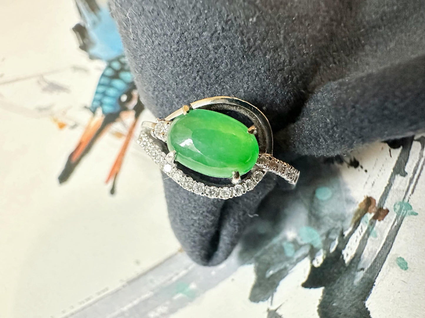 Natural Myanmar Imperial Green Jade Cabochon Ring in 18K White Gold with Diamond Accents