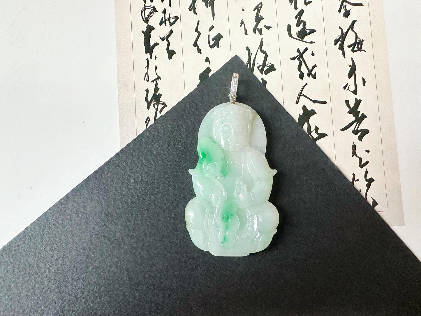 Natural Green Jade Guan Yin Pendant
