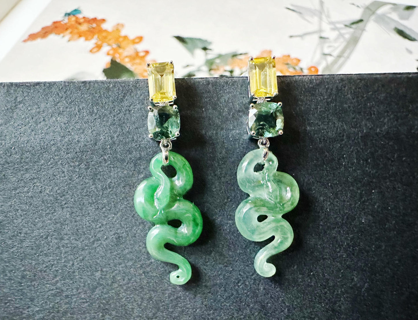 Natural Myanmar Asymmetric Jade Snake Earrings in 18K White Gold with Yellow Sapphires and Garnet