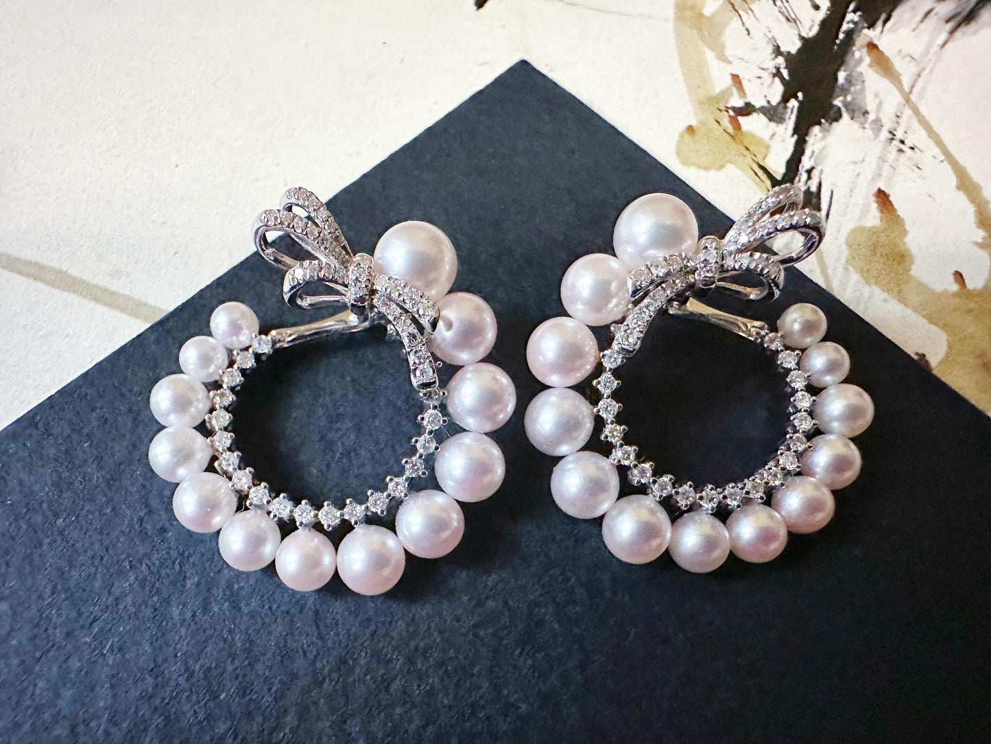 Ribbon Akoya Pearl Diamond Earrings