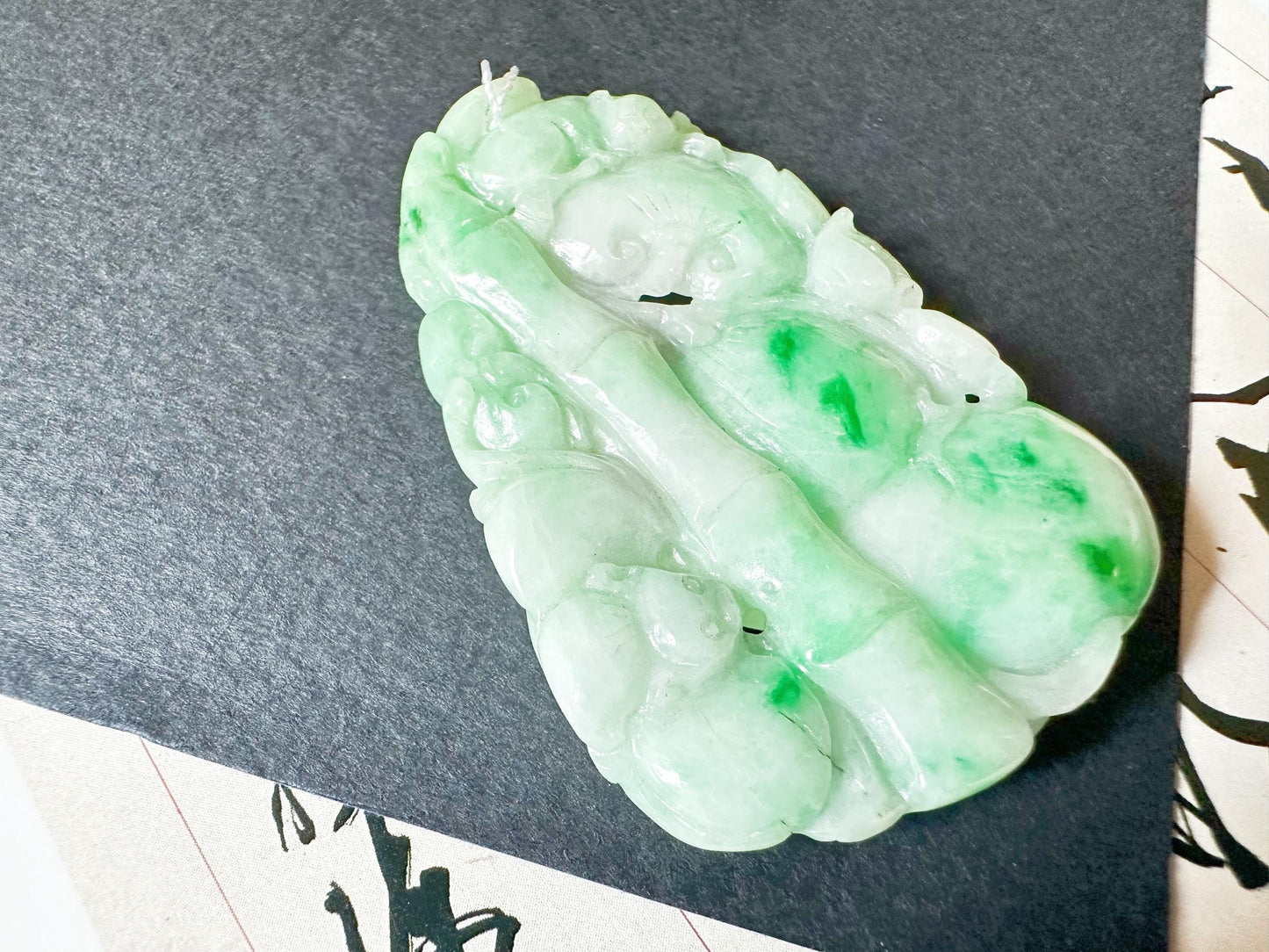 Natural Myanmar Bright Green Jade Carved Bamboo, Ruyi and Peach, Double-Faced