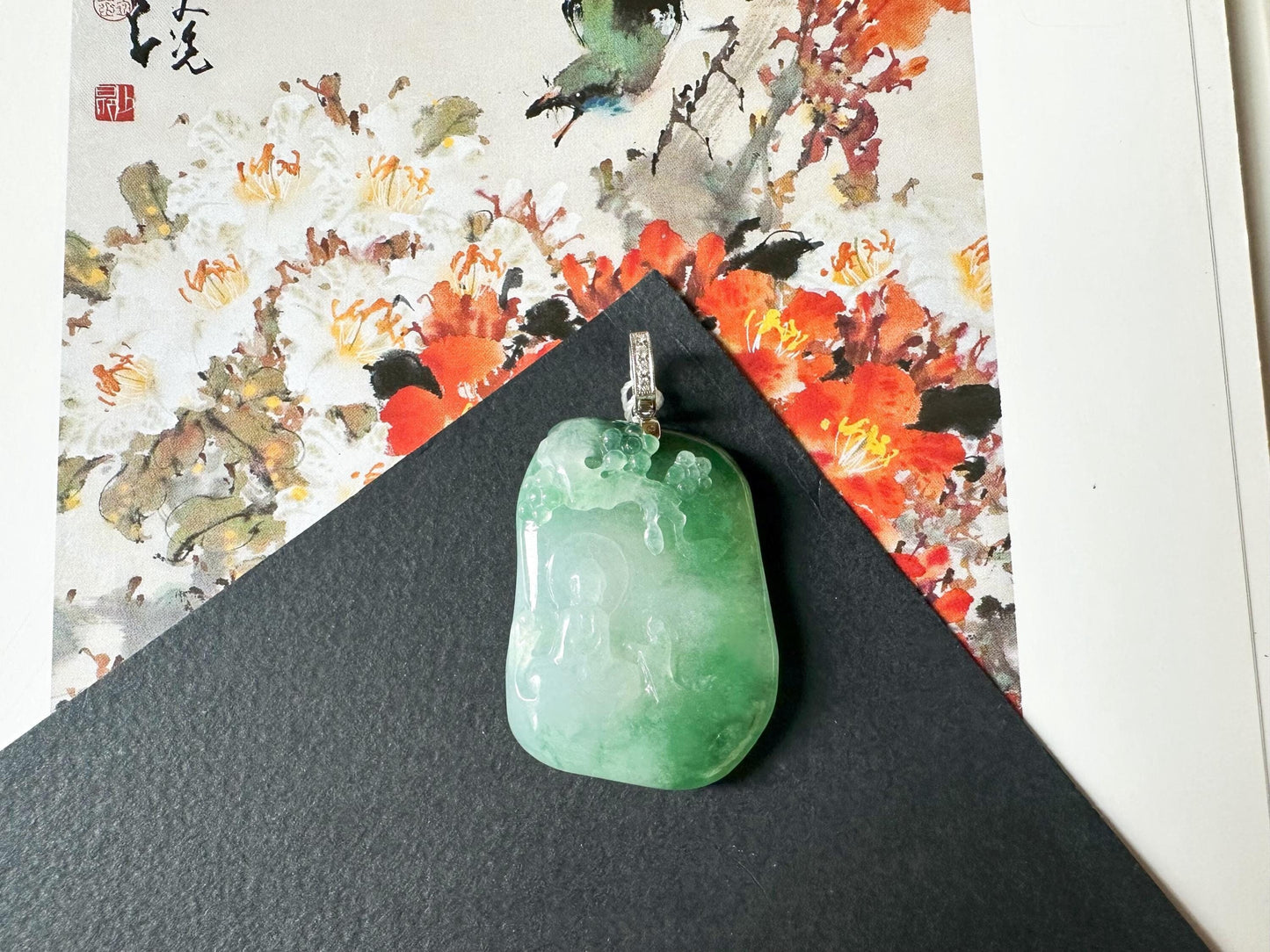 Icy Type Jade Buddha Pendant with 18K Gold Diamond Bail