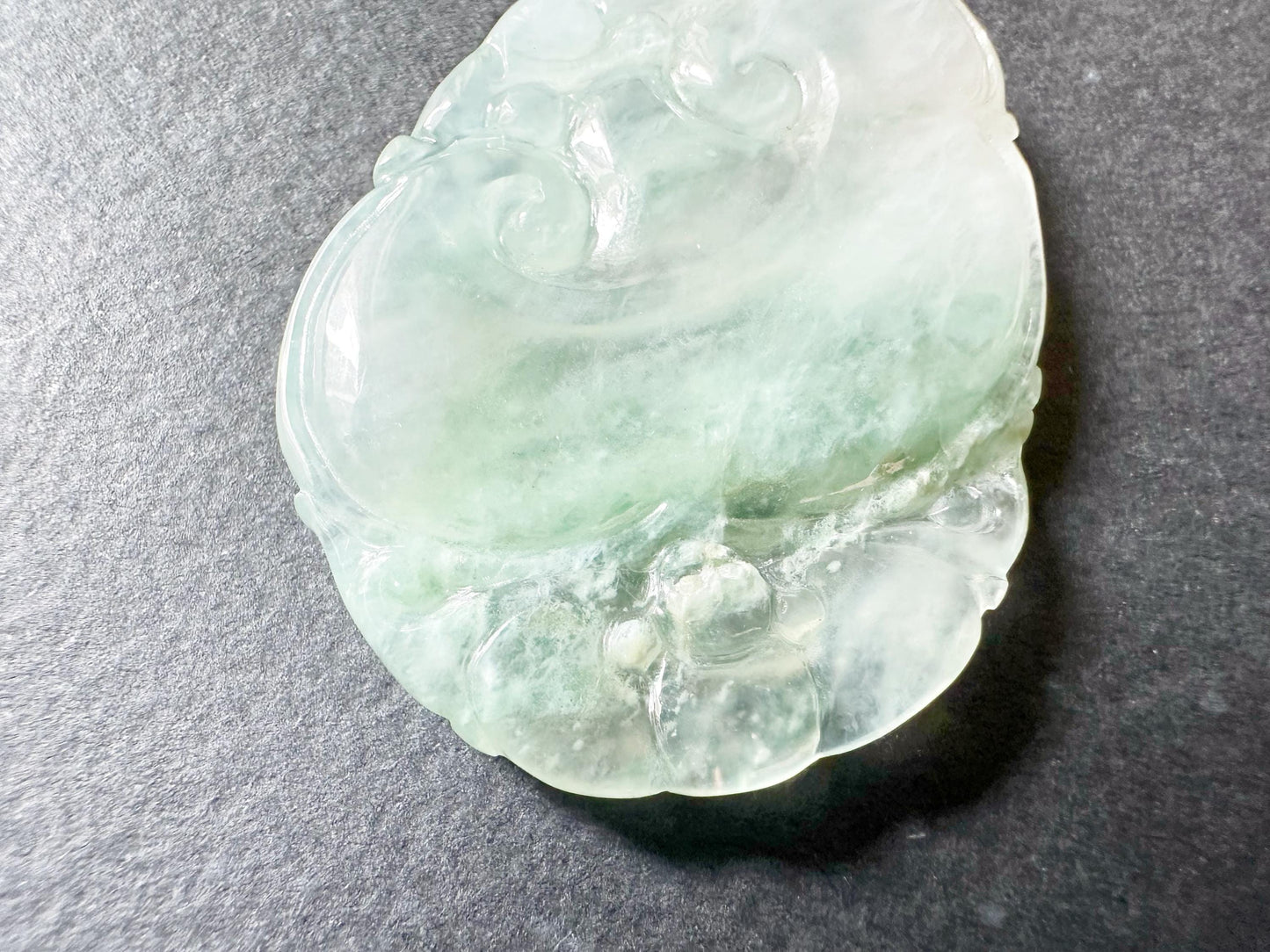 Natural Myanmar Icy Texture Blusih Green Ruyi Jade Pendant, with 18K White Gold Bail