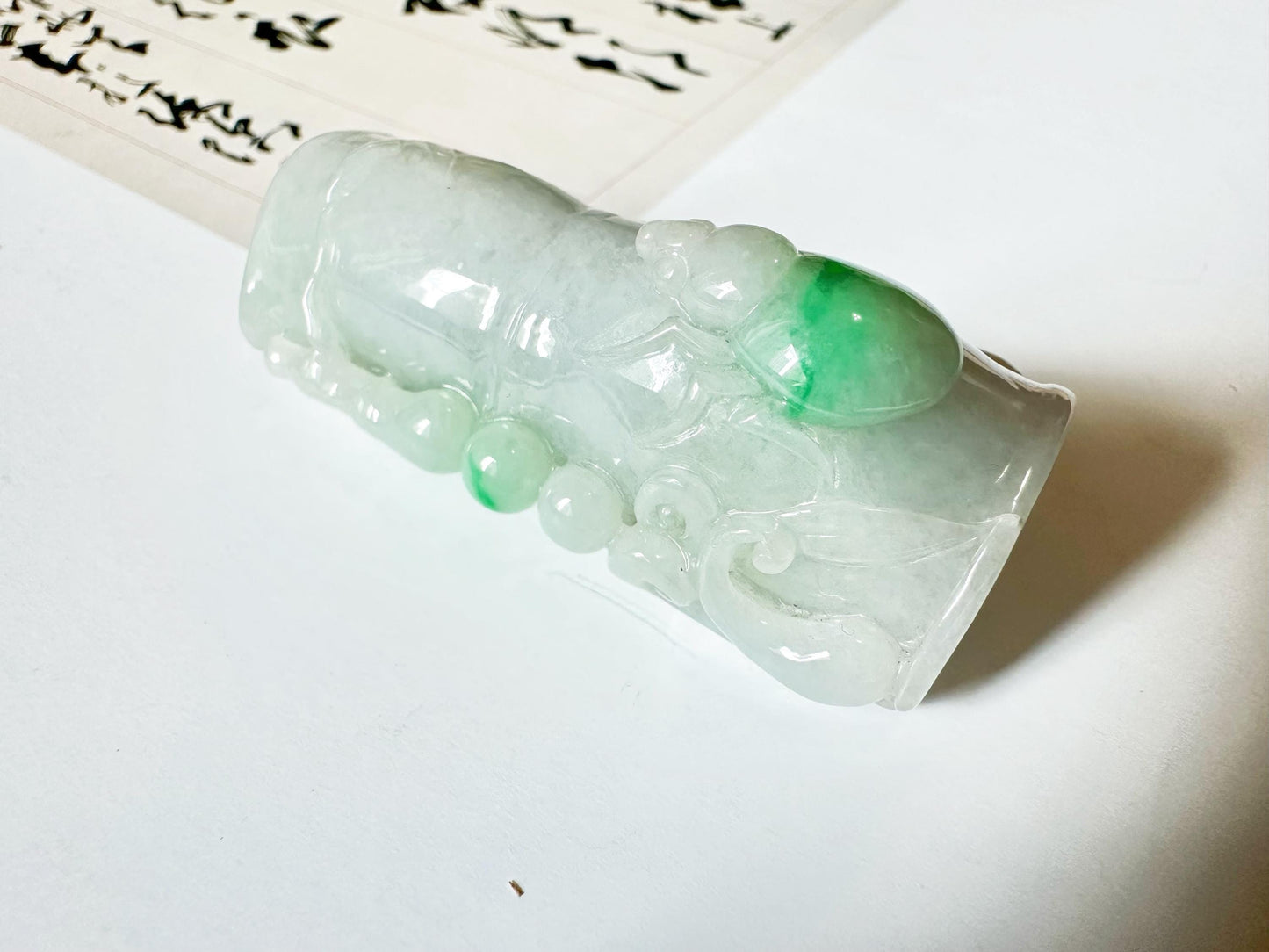 Natural Myanmar Type A Moss on Snow Bamboo with Beetle Jade Pendant, Jadeite Sculpture