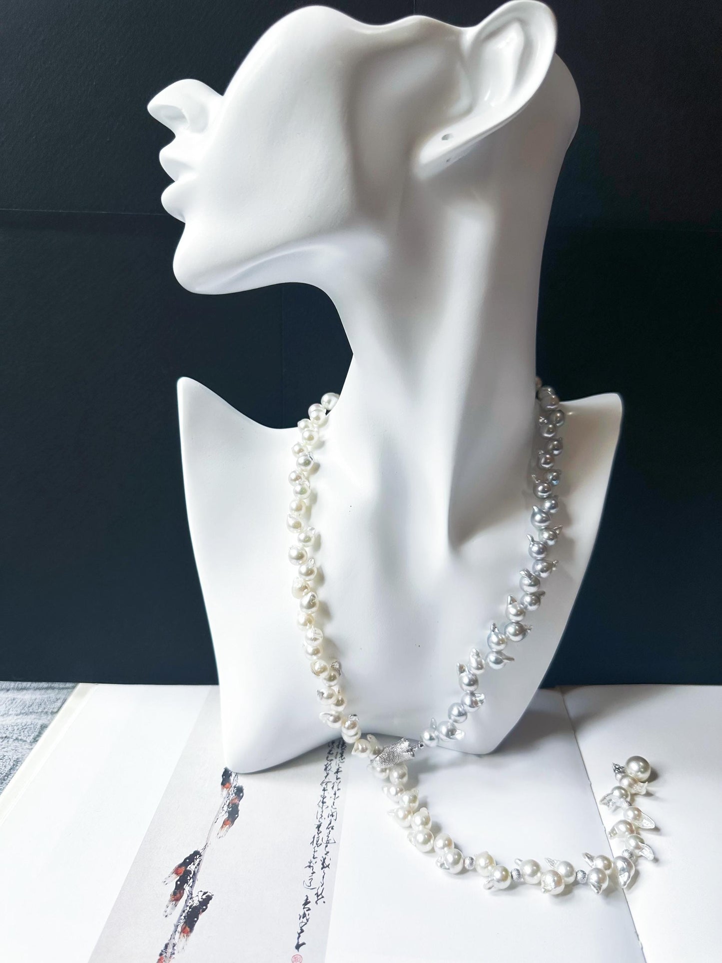 One-of-a-Kind Japan Akoya Pearl Long Necklace | White & Grey Pearls with Blue Tint | Adjustable Sterling Silver Clip | Wheat Ear Design