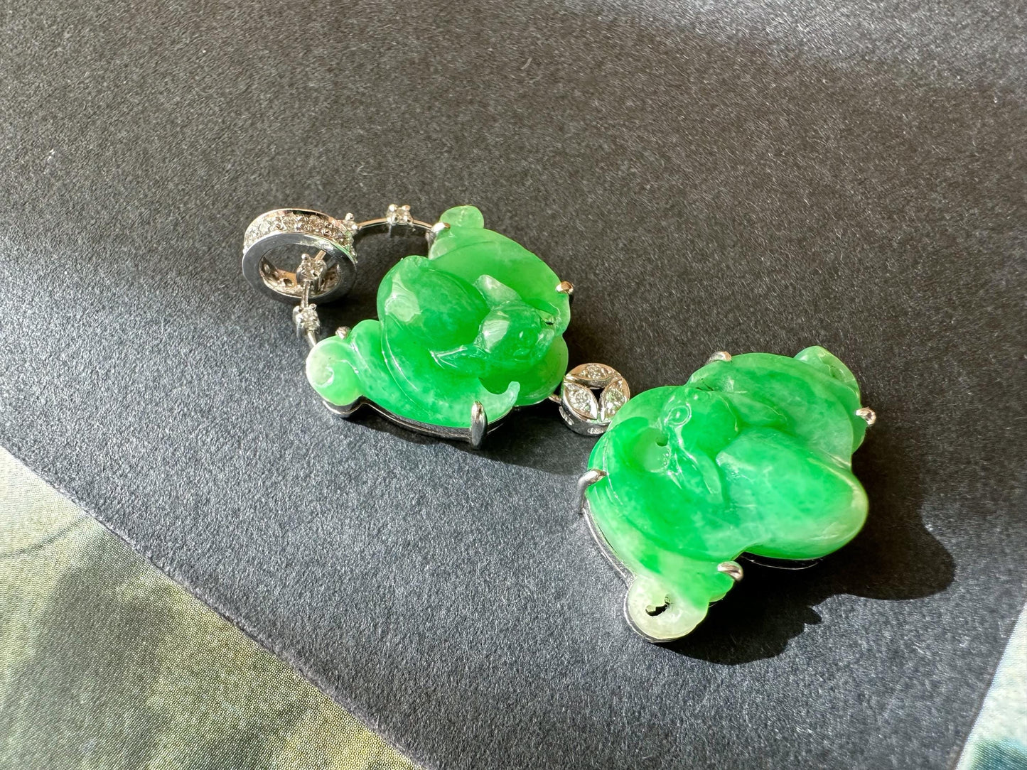 Natural Myanmar Twin Bats Vivid Green Jade Pendant in 18K White Gold with Diamonds