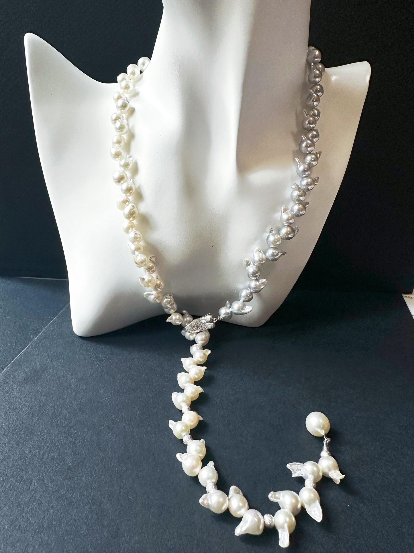 One-of-a-Kind Japan Akoya Pearl Long Necklace | White & Grey Pearls with Blue Tint | Adjustable Sterling Silver Clip | Wheat Ear Design