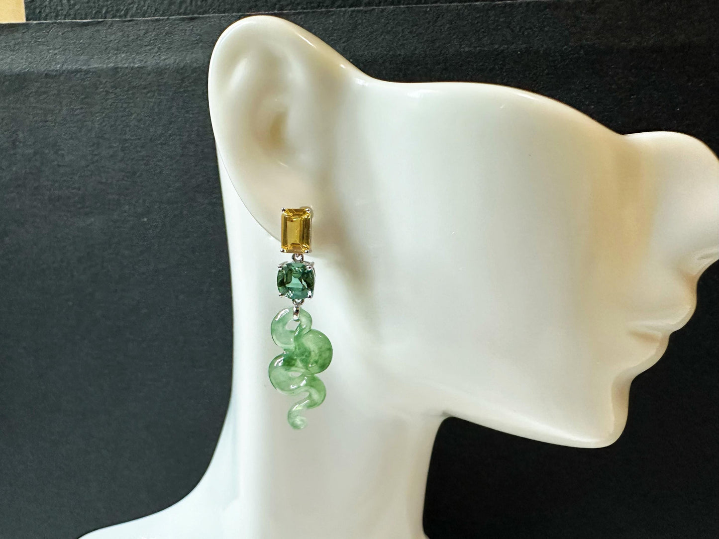Natural Myanmar Asymmetric Jade Snake Earrings in 18K White Gold with Yellow Sapphires and Garnet