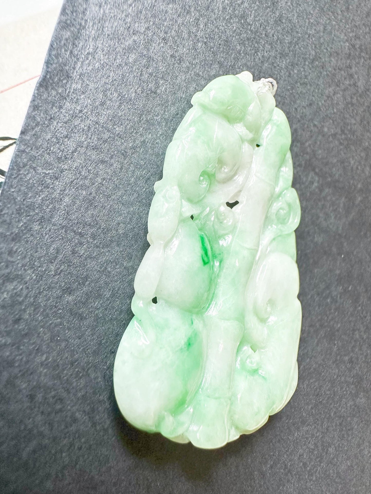 Natural Myanmar Bright Green Jade Carved Bamboo, Ruyi and Peach, Double-Faced