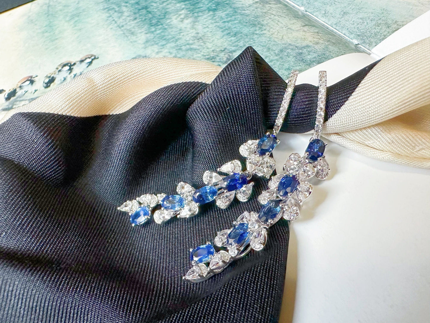 Certified Royal Blue Sapphire and Diamond Long Earrings - White Sapphire in 18K White Gold