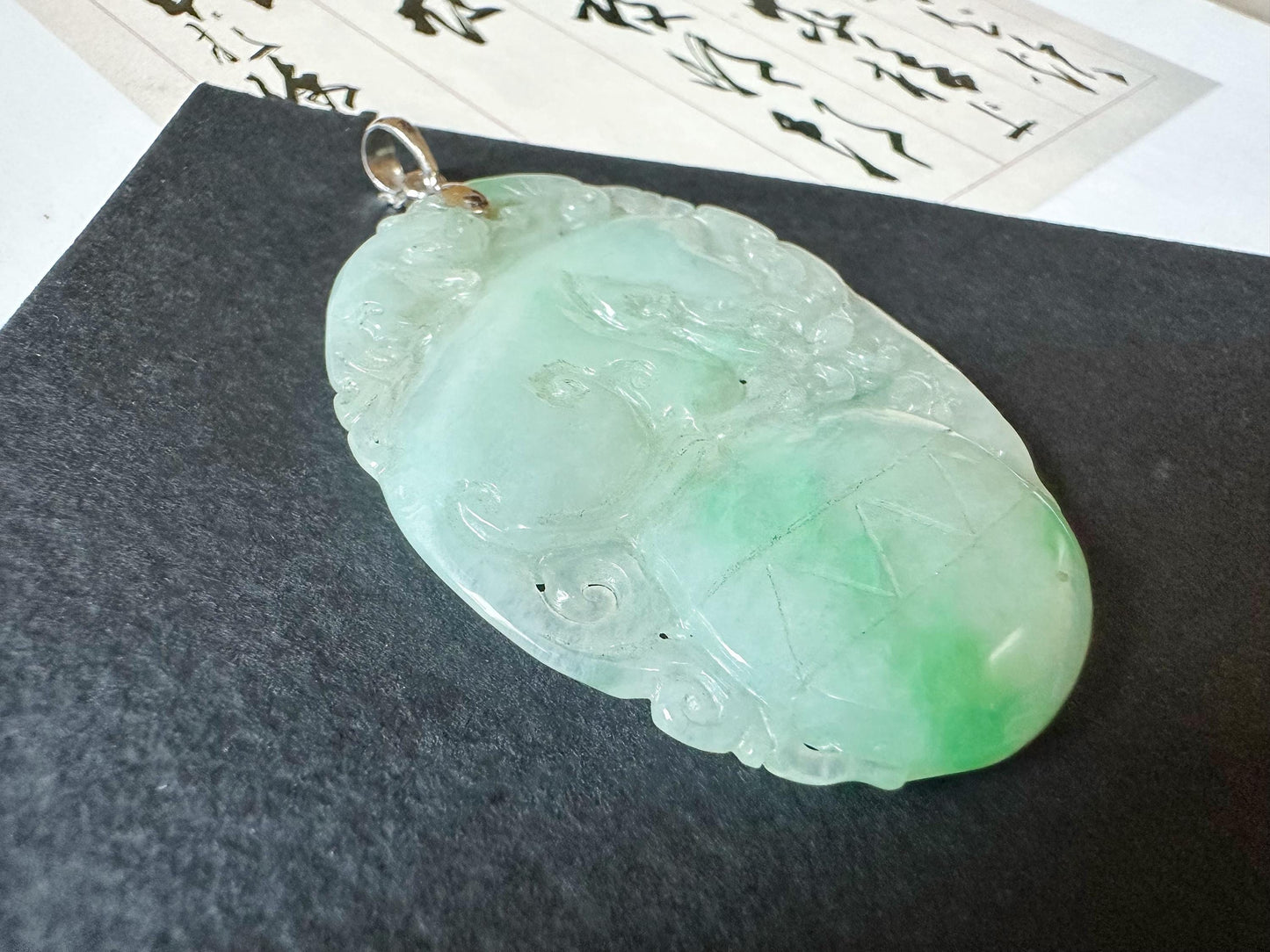 Natural Myanmar Bright Green Loong Jade Pendant with 18K Gold Bail, mythical creatures