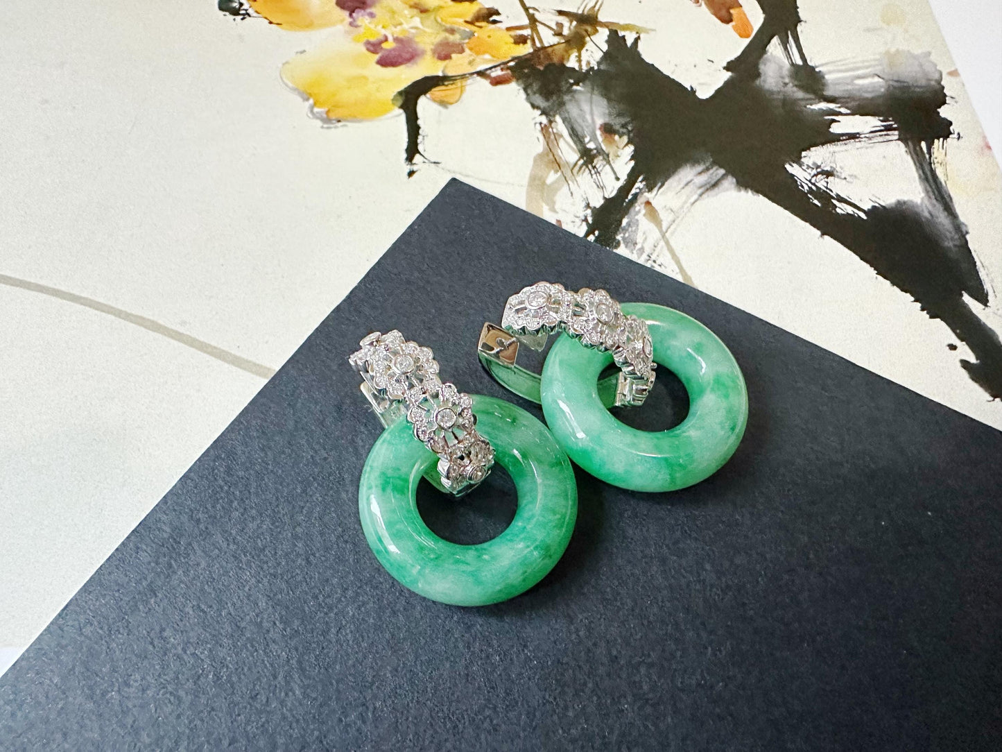 Natural Myanmar Icy Type Vivid Green Jade Donut in 18K White Gold, Diamond Hoop Earrings