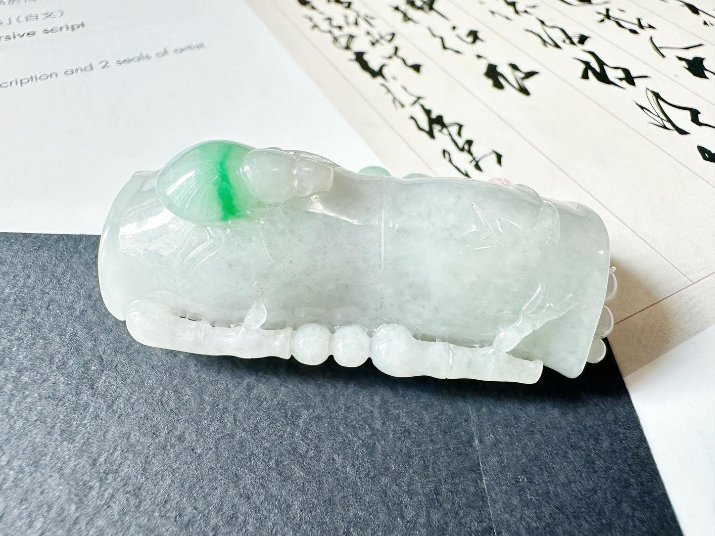 Natural Myanmar Type A Moss on Snow Bamboo with Beetle Jade Pendant, Jadeite Sculpture