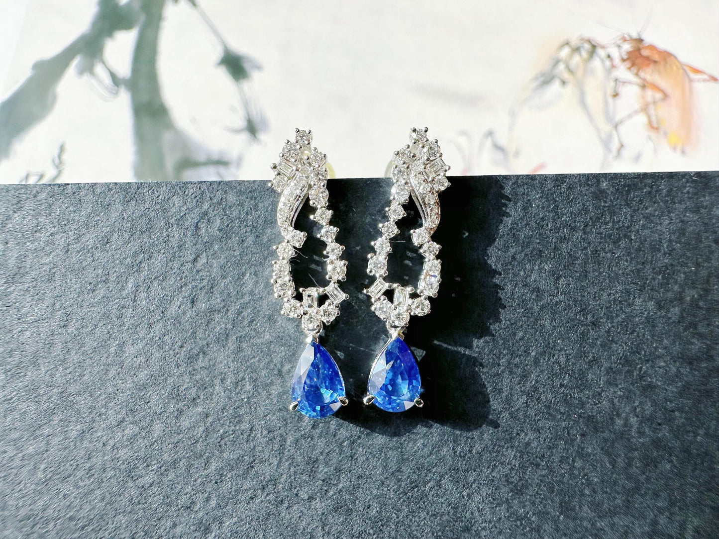Natural Sri Lanka Vivid Blue Sapphire Set in 18k White Gold Drop Earrings, Diamond Ear Studs, September Birthstone