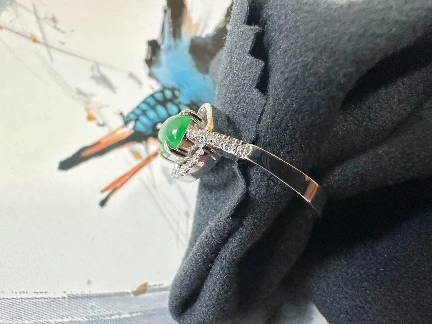 Natural Myanmar Imperial Green Jade Cabochon Ring in 18K White Gold with Diamond Accents