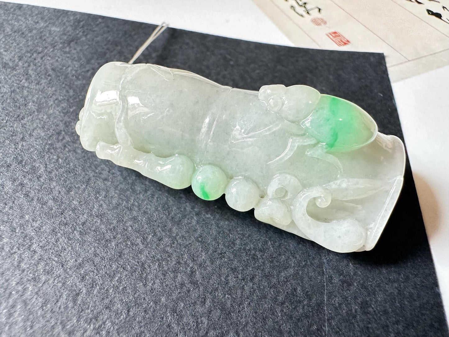 Natural Myanmar Type A Moss on Snow Bamboo with Beetle Jade Pendant, Jadeite Sculpture