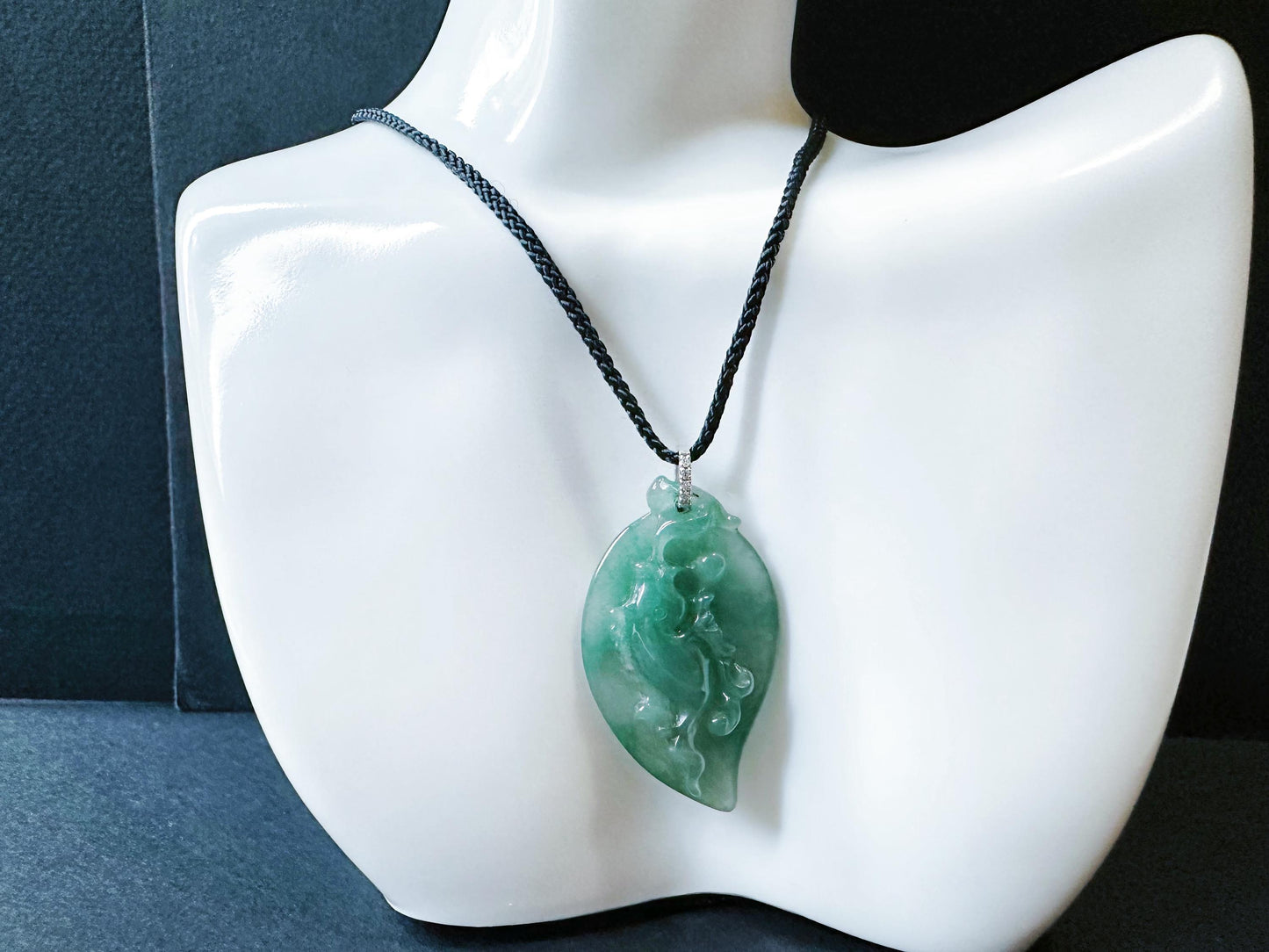 Natural Teal Green Jade Fish Pendant in 18K White Gold with Diamond Bail