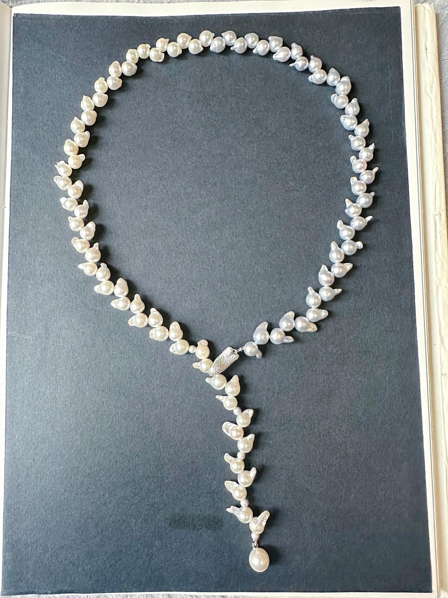 One-of-a-Kind Japan Akoya Pearl Long Necklace | White & Grey Pearls with Blue Tint | Adjustable Sterling Silver Clip | Wheat Ear Design