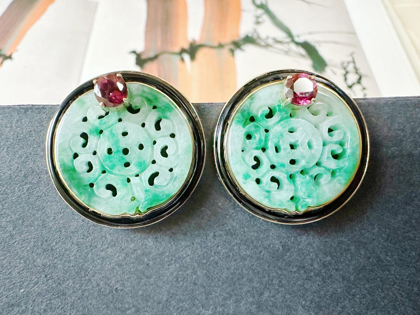 Natural Myanmar Green Jade Carved Earrings in 18K Gold and Black Agate & Pearl