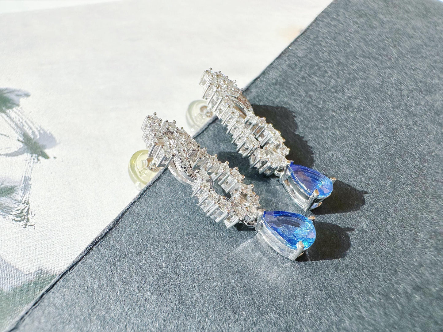 Natural Sri Lanka Vivid Blue Sapphire Set in 18k White Gold Drop Earrings, Diamond Ear Studs, September Birthstone