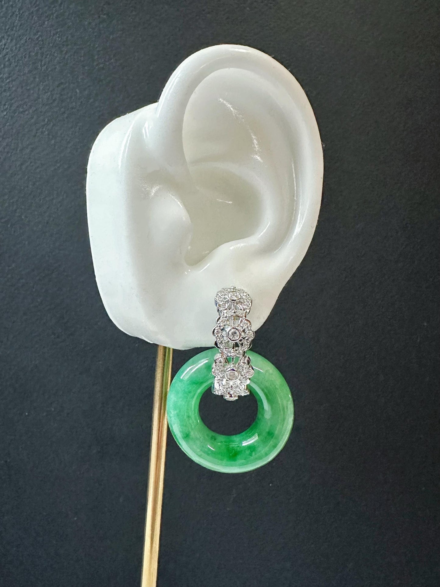 Natural Myanmar Icy Type Vivid Green Jade Donut in 18K White Gold, Diamond Hoop Earrings