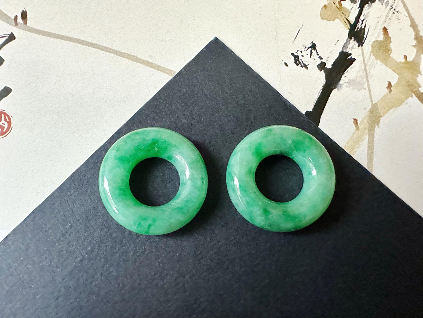 Natural Myanmar Icy Type Vivid Green Jade Donut in 18K White Gold, Diamond Hoop Earrings