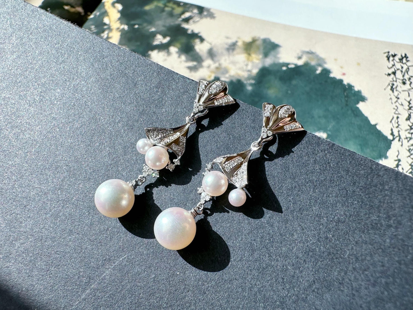 AAAA Grade Japan Akoya Pearl Mirror Like Multiple Wear Long Drop Pearl Earrings in 18K White Gold and Diamond
