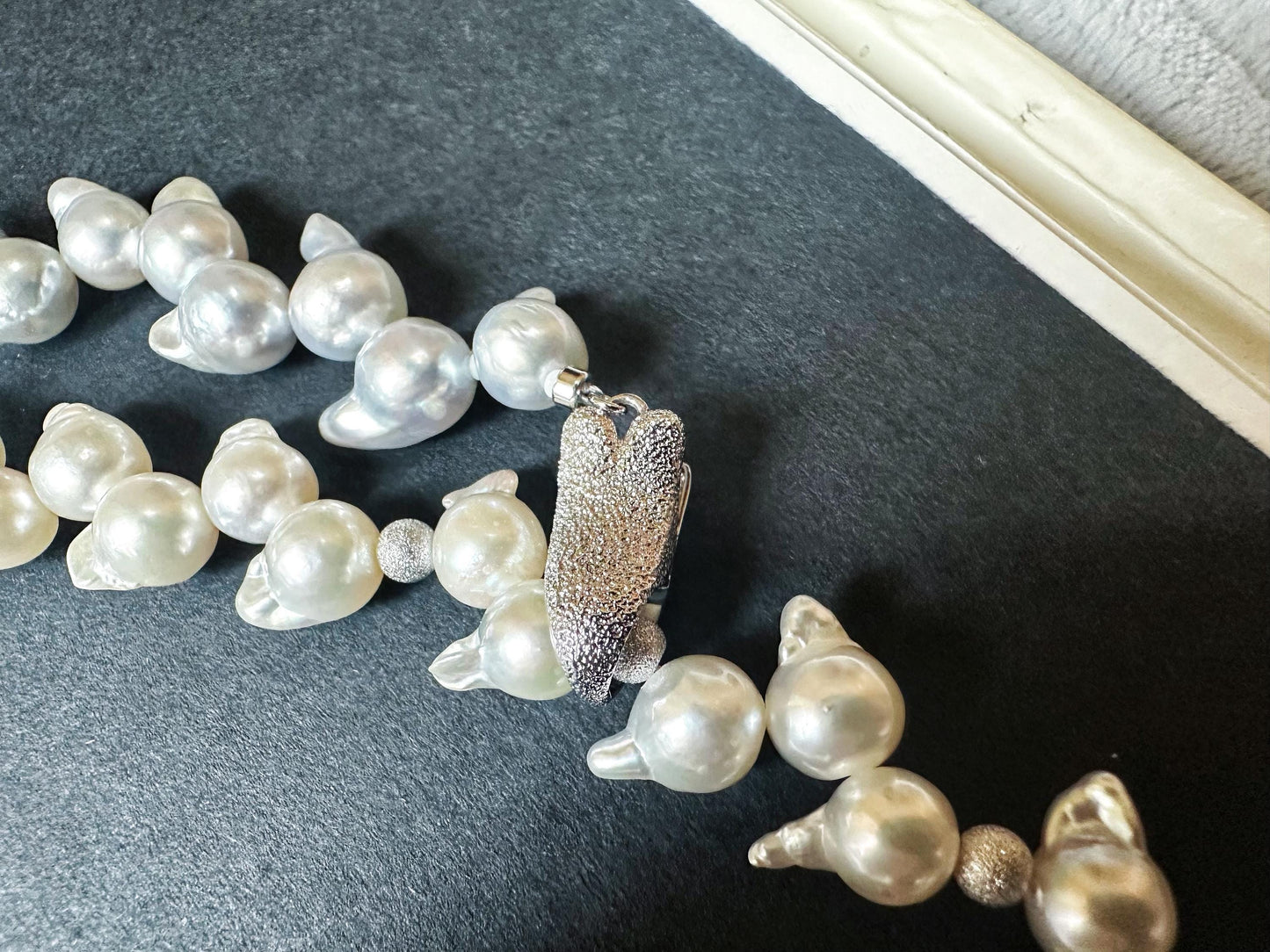 One-of-a-Kind Japan Akoya Pearl Long Necklace | White & Grey Pearls with Blue Tint | Adjustable Sterling Silver Clip | Wheat Ear Design