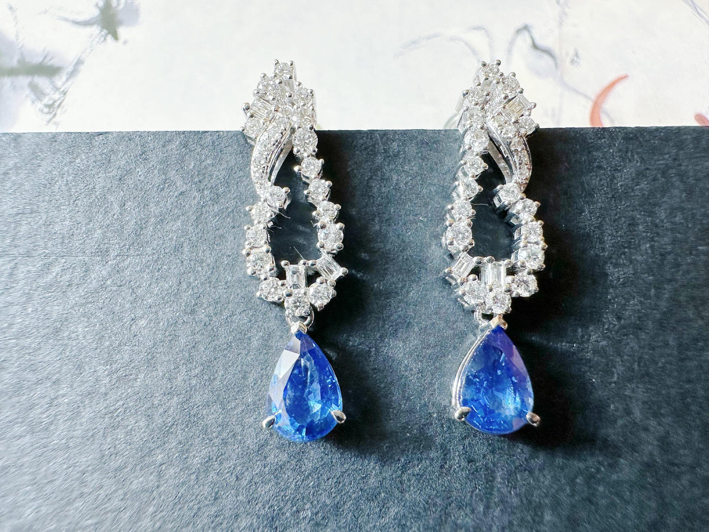 Natural Sri Lanka Vivid Blue Sapphire Set in 18k White Gold Drop Earrings, Diamond Ear Studs, September Birthstone