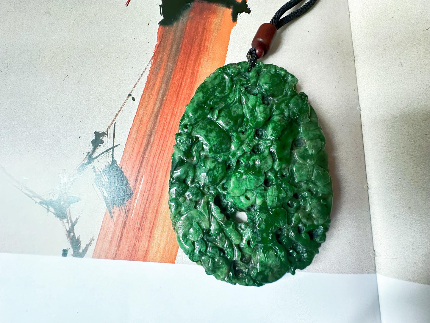 Handcrafted Giant Intense Green Jade Pendant | Artisan-Carved Ruyi, Peach, Monkey, and Lucky Symbols | Unique Jade Jewelry