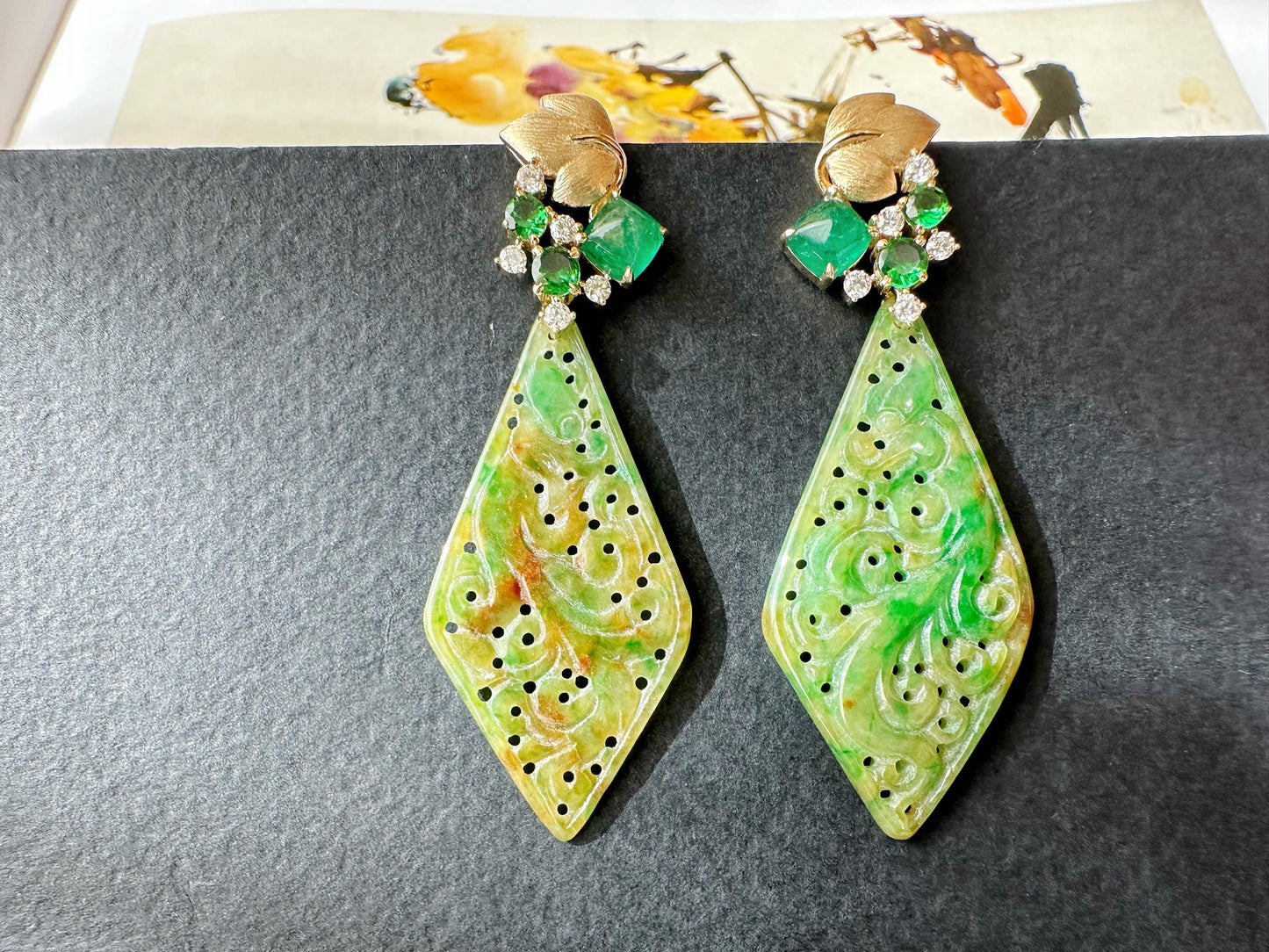 Natural Myanmar Handcrafted Vivid Bicolor Green and Yellow Jade 18K Gold Earrings, with Emerald and Tsavorite