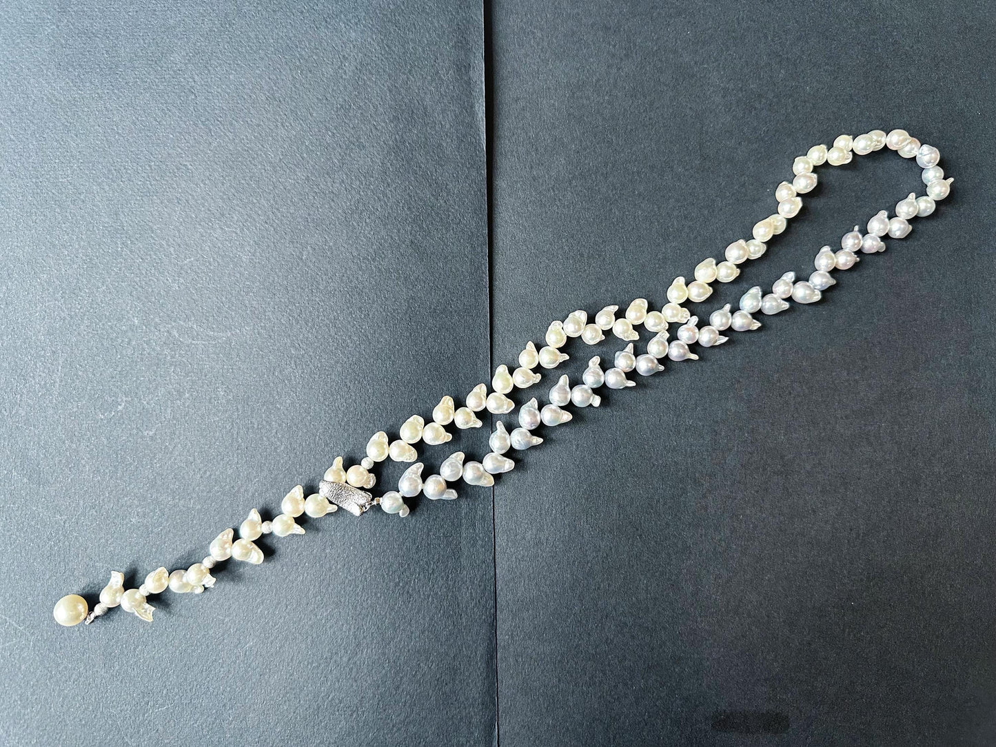 One-of-a-Kind Japan Akoya Pearl Long Necklace | White & Grey Pearls with Blue Tint | Adjustable Sterling Silver Clip | Wheat Ear Design