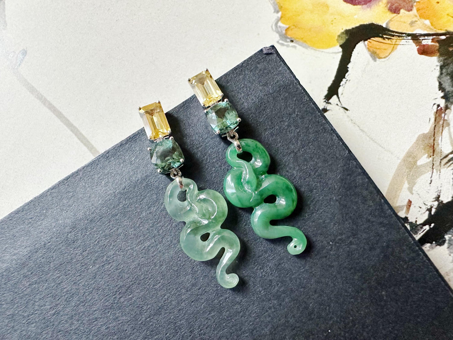 Natural Myanmar Asymmetric Jade Snake Earrings in 18K White Gold with Yellow Sapphires and Garnet