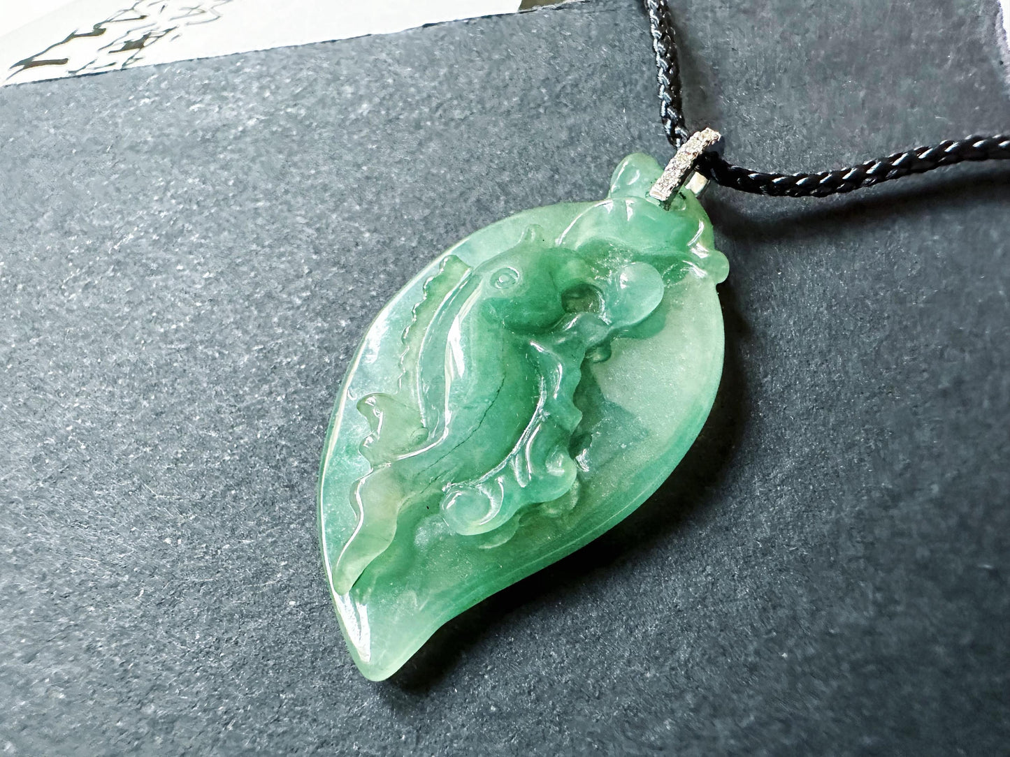 Natural Teal Green Jade Fish Pendant in 18K White Gold with Diamond Bail