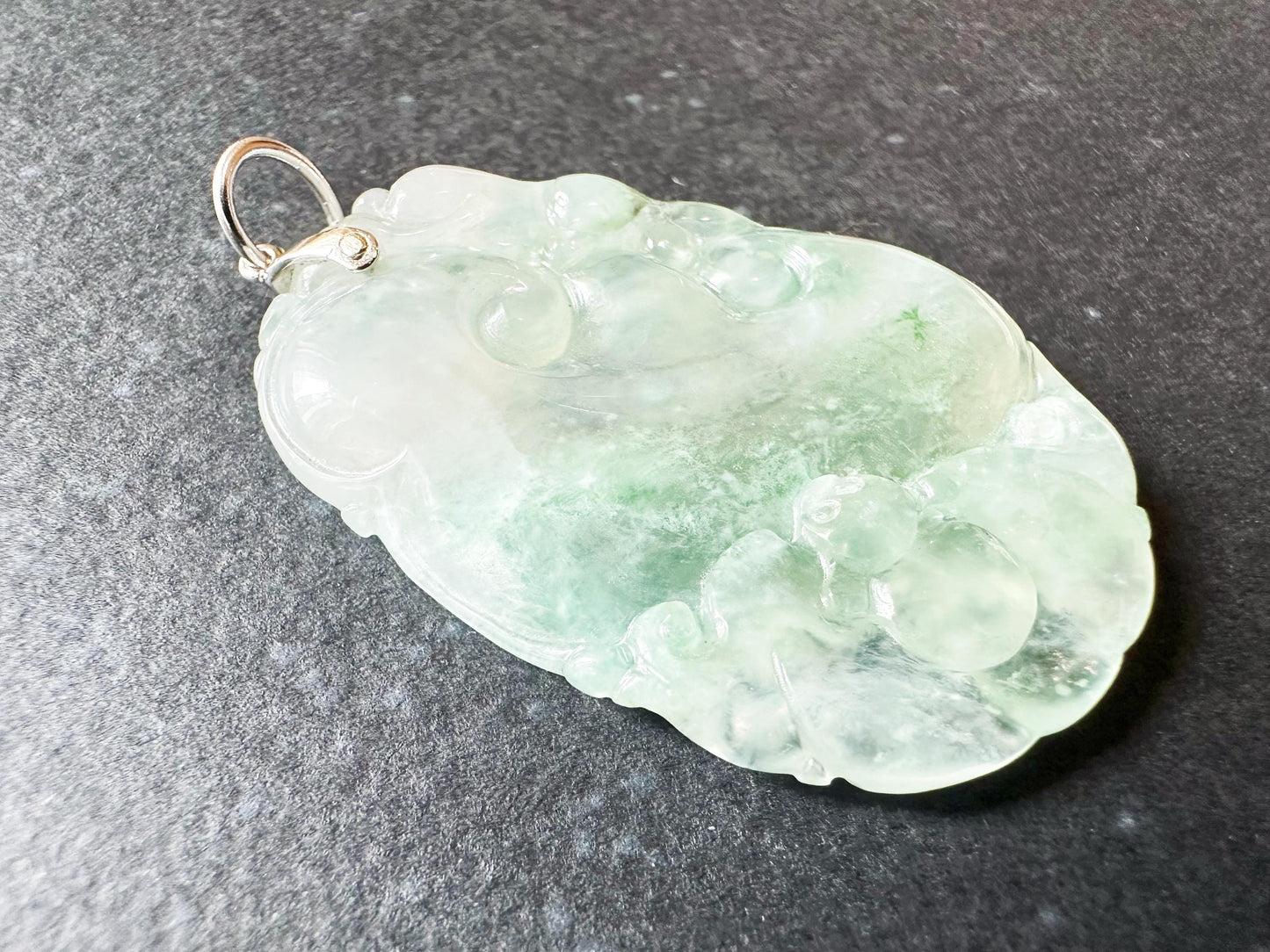 Natural Myanmar Icy Texture Blusih Green Ruyi Jade Pendant, with 18K White Gold Bail