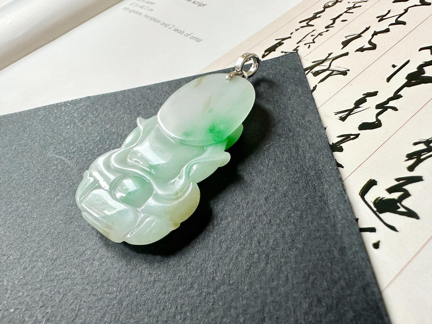 Natural Myanmar Guan Yin Green Jade Pendant with 18K White Gold and Diamond Bail