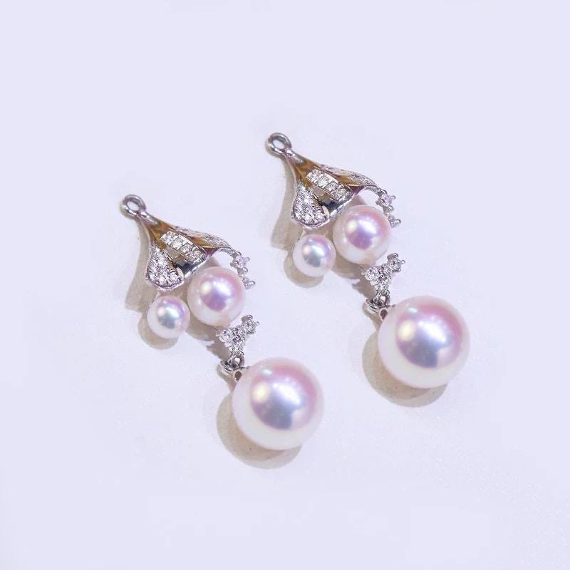 AAAA Grade Japan Akoya Pearl Mirror Like Multiple Wear Long Drop Pearl Earrings in 18K White Gold and Diamond