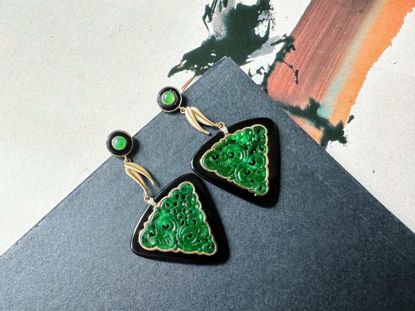 Natural Triangular Intense Green Jade Carved Earrings in Black Agate, 18K Gold & Diamond