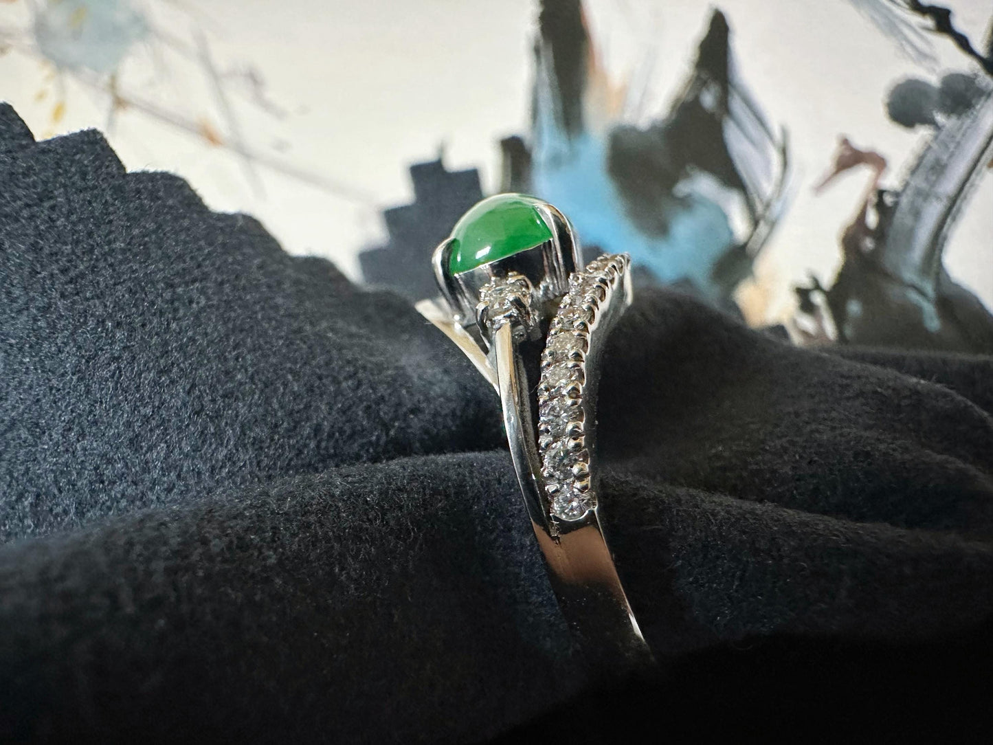 Natural Myanmar Imperial Green Jade Cabochon Ring in 18K White Gold with Diamond Accents