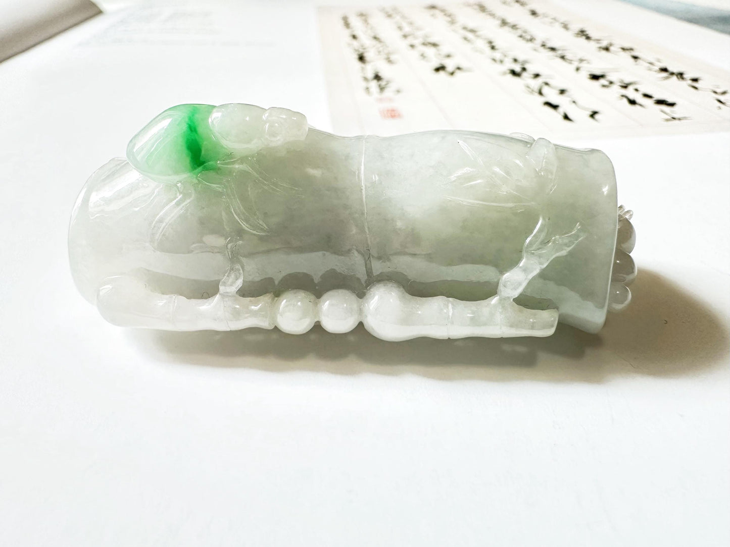 Natural Myanmar Type A Moss on Snow Bamboo with Beetle Jade Pendant, Jadeite Sculpture