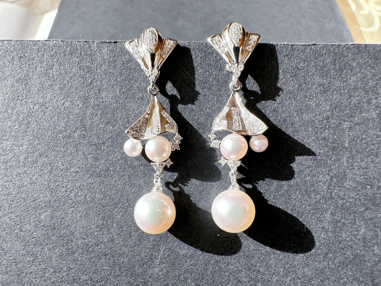 AAAA Grade Japan Akoya Pearl Mirror Like Multiple Wear Long Drop Pearl Earrings in 18K White Gold and Diamond